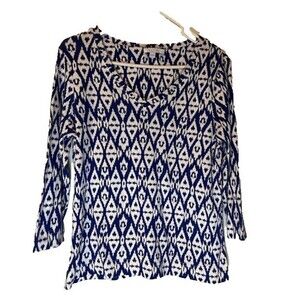 Chico's Normcore Bohochic White/Blue Print Pima Cotton 3/4 Sleeve Top Sz M